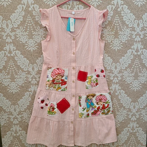 Upcycled Strawberry Shortcake Pink Ruffle Dress POCKETS Size Large NWT - Picture 4 of 8